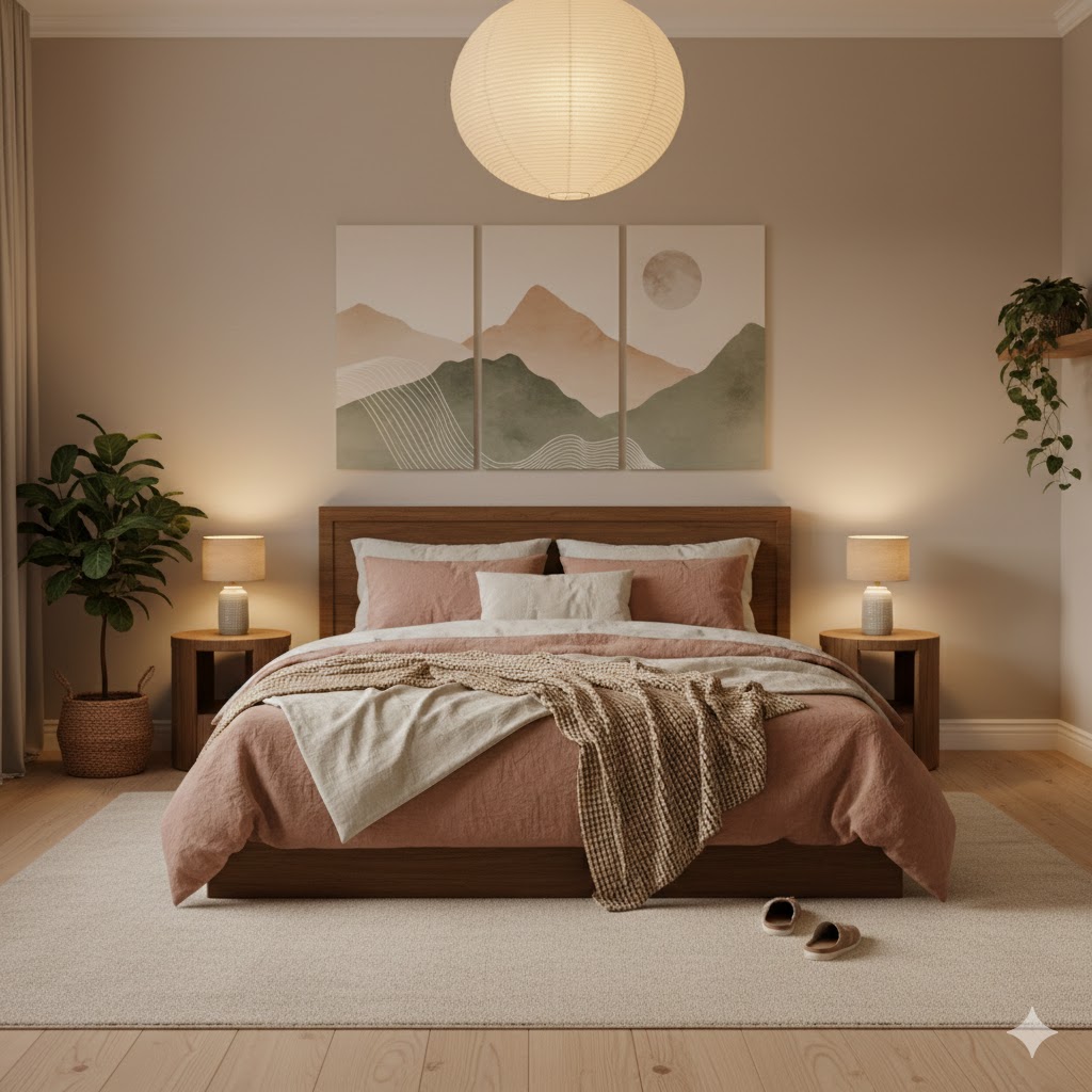 Quarto decorado em estilo minimalista com luz natural, tons neutros e madeira, criando um ambiente de relaxamento para o sono