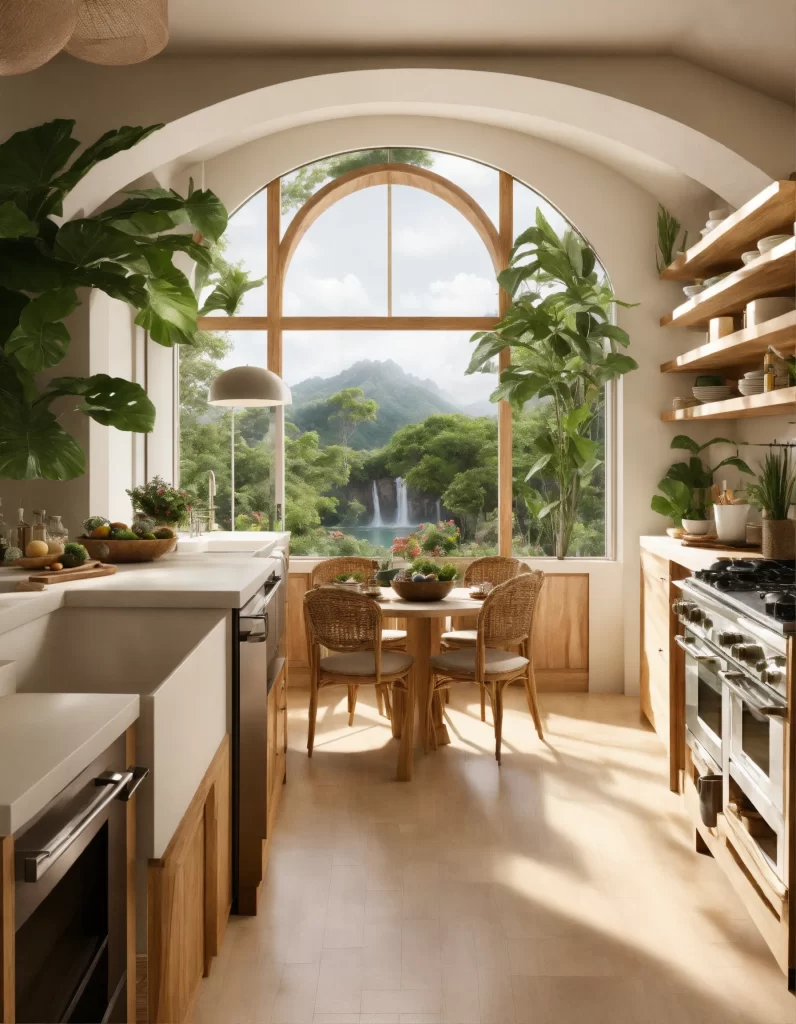 Cozinha organizada e iluminada com plantas e fogão em bom estado, representando prosperidade e abundância no Feng Shui