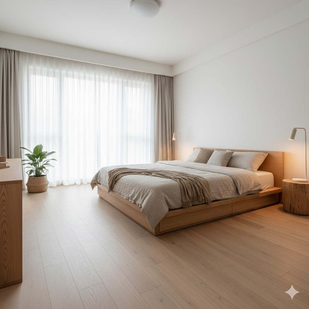 Quarto organizado seguindo princípios de Feng Shui, com mobiliário de madeira clara, iluminação suave, tons neutros e atmosfera de tranquilidade para descanso.