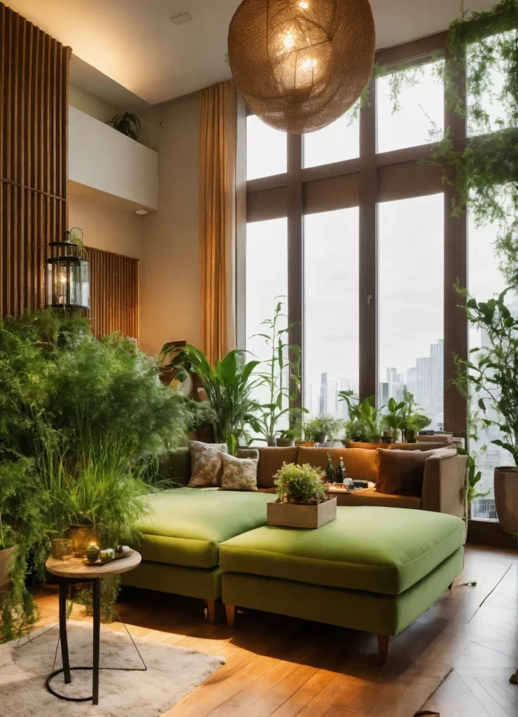 Sala com plantas e luz natural seguindo os princípios do Feng Shui para criar equilíbrio, prosperidade e bem-estar no lar.