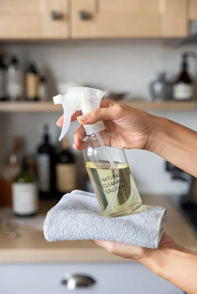 Mão segurando borrifador de vidro com solução de limpeza natural e pano de microfibra em cozinha organizada.