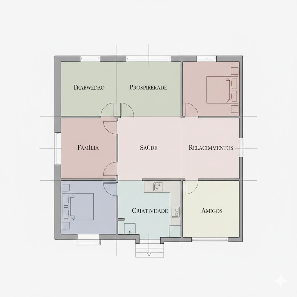 O Bagua organiza o olhar: cada área da casa conversa com uma área da vida.