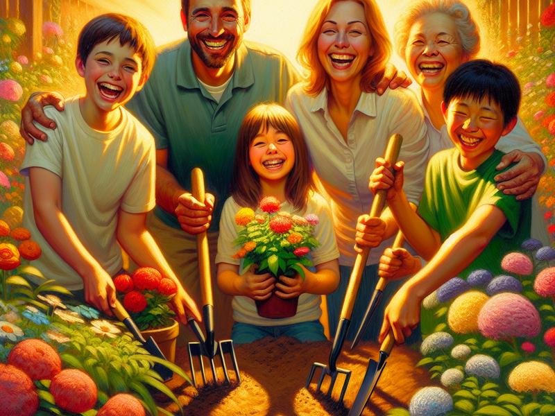 Família plantando flores juntas