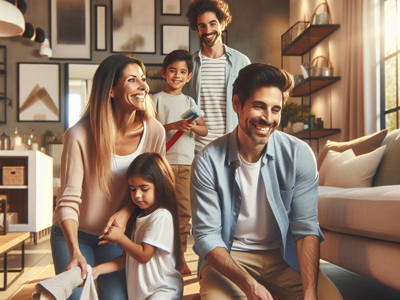 Família trabalhando juntos na organização da casa