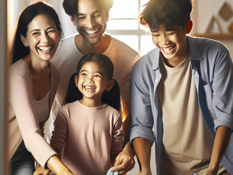 Família organizando a casa juntos