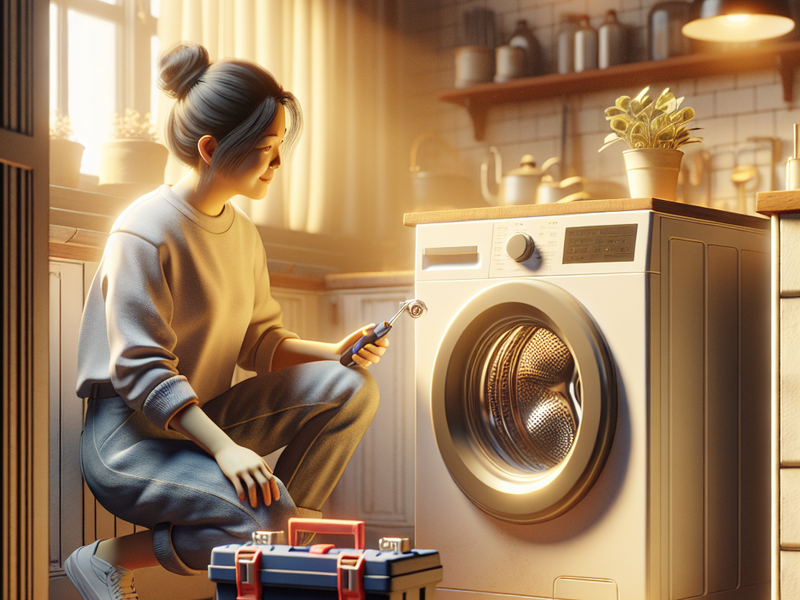 Pessoa inspecionando máquina de lavar