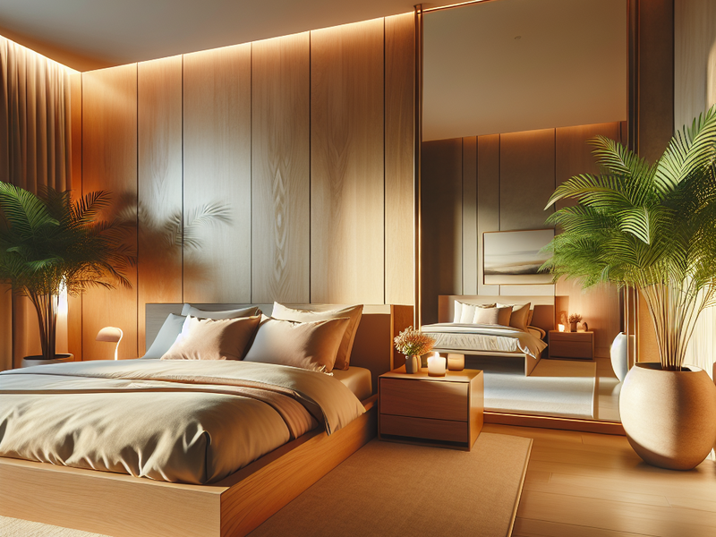 Quarto minimalista com cama de madeira e iluminação quente