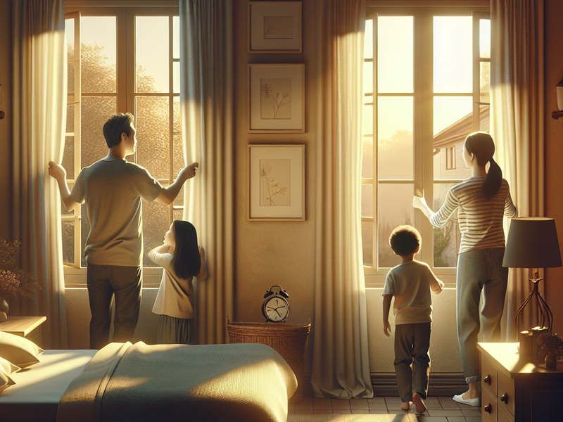 Family opening windows in the morning