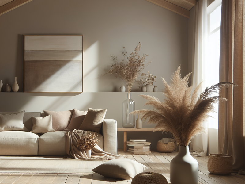 Sala de estar com cores suaves e decoração minimalista