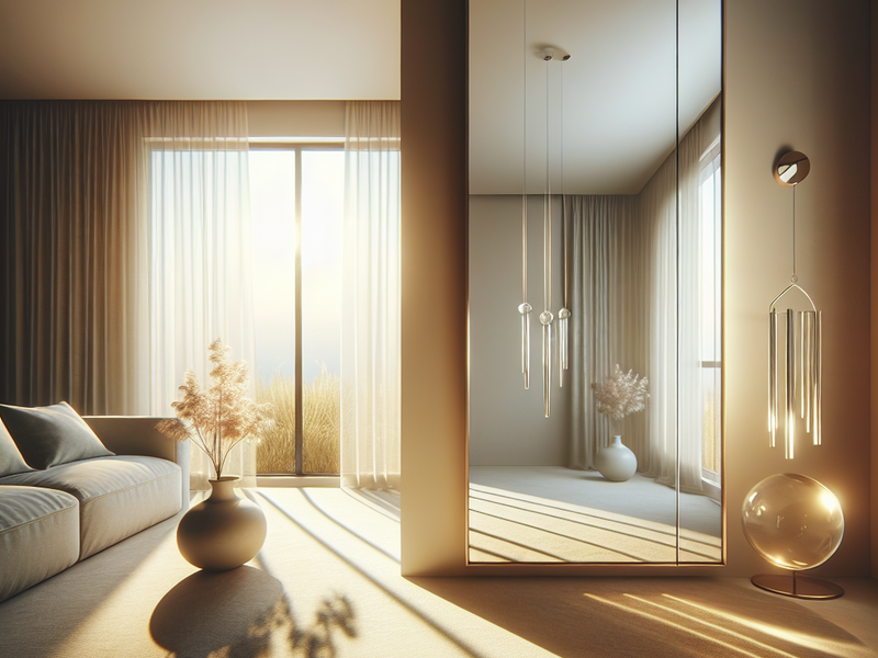 Living room with mirror and wind chime