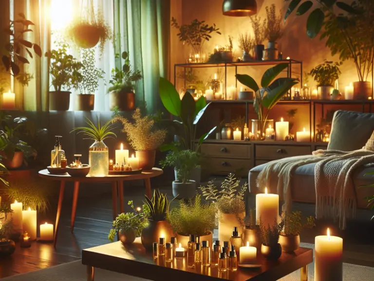 Uma sala de estar ampla e acolhedora, banhada por luz natural suave filtrada por cortinas leves, com inúmeras plantas de interior e velas acesas em várias superfícies. No centro, uma mesa de madeira exibe um difusor ultrassônico com névoa suave e uma vela natural. Um sofá modular com manta e almofadas fofas sugere relaxamento. O ambiente transmite serenidade, harmonia e equilíbrio, ilustrando a aplicação prática de Aromaterapia e Feng Shui para criar um refúgio de paz em casa.