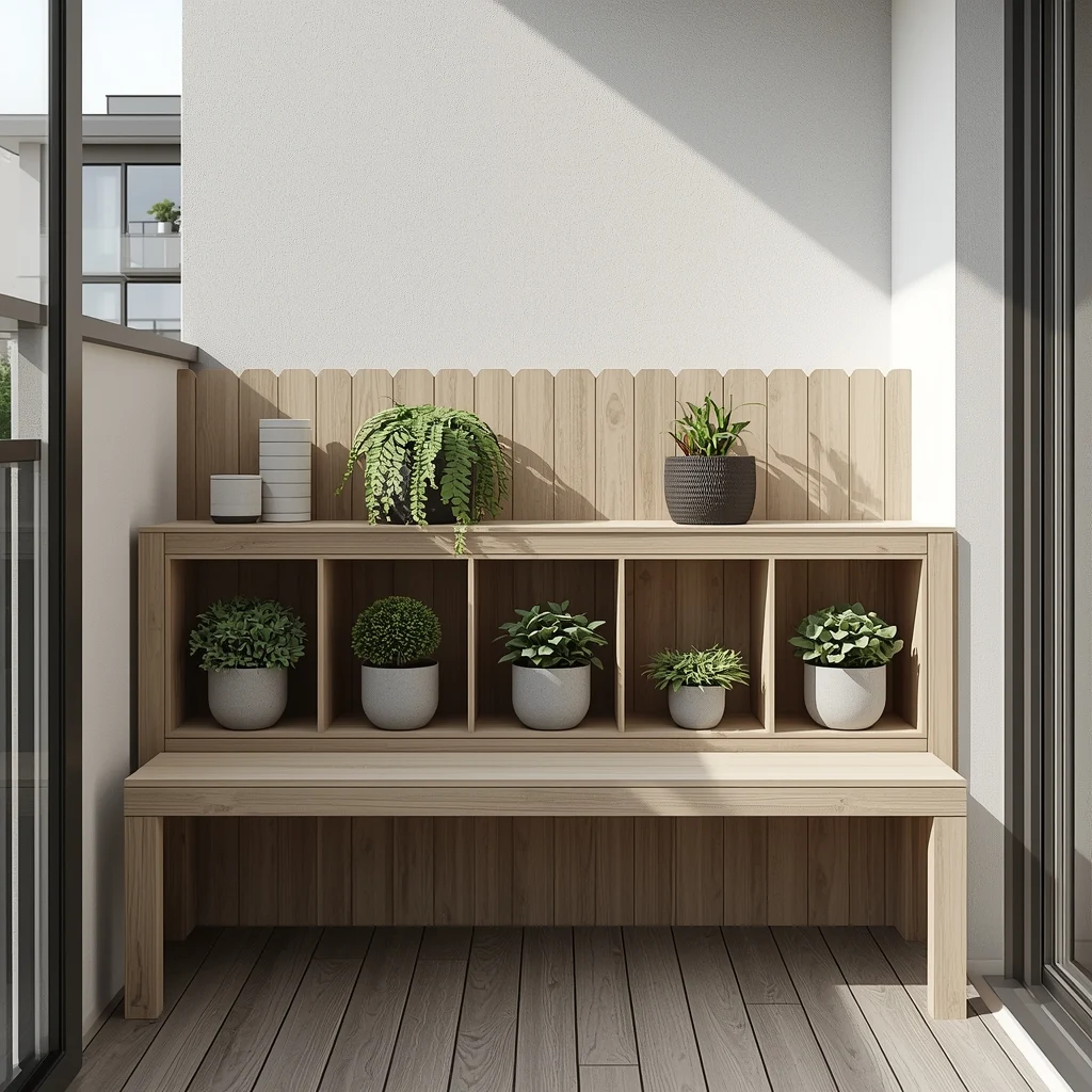 banco de madeira com nichos para vasos de plantas em varanda de apartamento pequeno