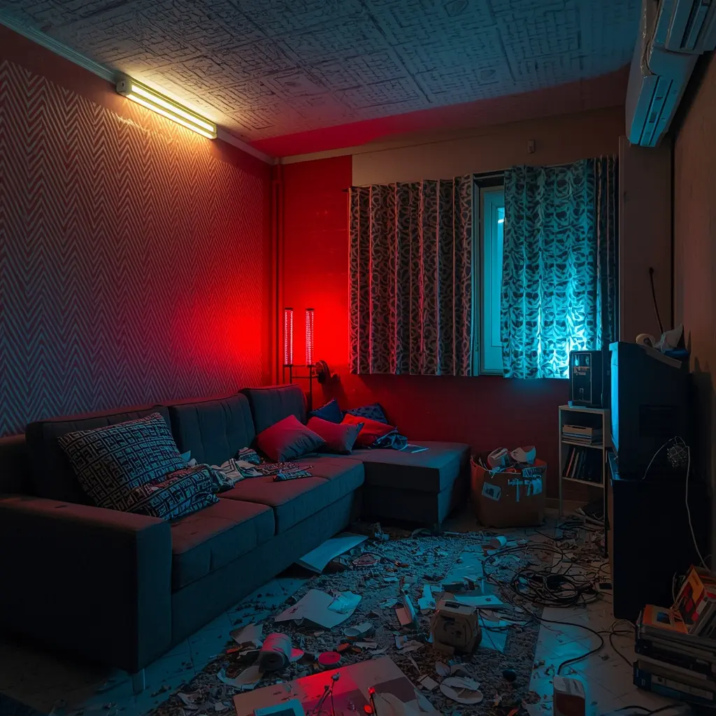 Uma sala de estar pequena e claustrofóbica, banhada por iluminação de contraste agressivo. Uma parede vermelha com textura geométrica recebe luz de uma lâmpada fluorescente amarelada e de duas lâmpadas LED vermelhas em pé. Do outro lado, uma janela com cortinas azuis frias exala luz cyan intensa. Um sofá-cama modular cinza está coberto de almofadas e objetos aleatórios. O chão está completamente tomado por bagunça: papéis picados, cabos emaranhados e caixas. Uma TV antiga de tubo e eletrônicos estão empilhados em um canto. A cena transmite uma sensação imediata de ansiedade e sobrecarga sensorial.