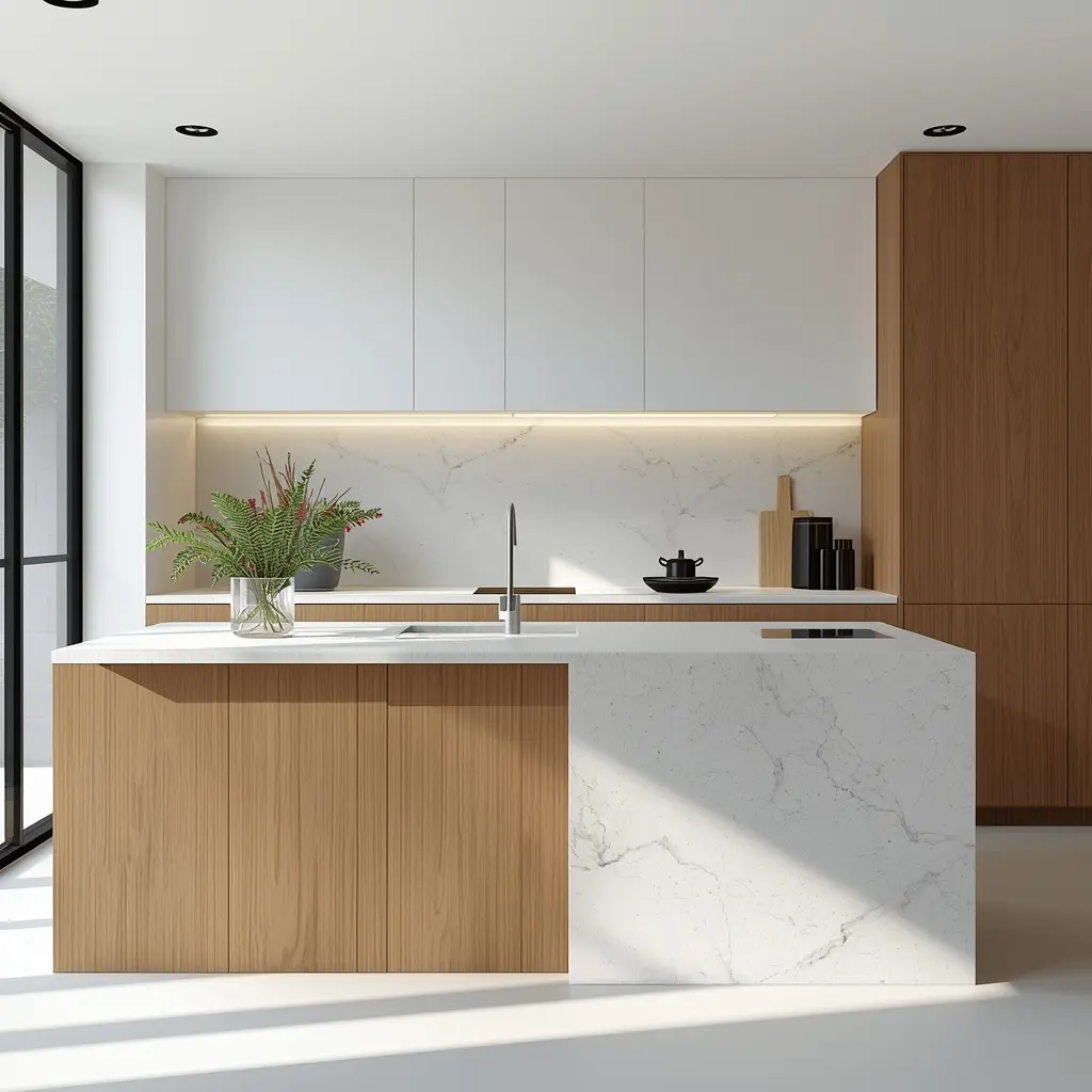 Bancada de cozinha branca e minimalista totalmente livre de objetos, exemplificando como uma casa organizada reduz estresse através do sistema de superfície zero.