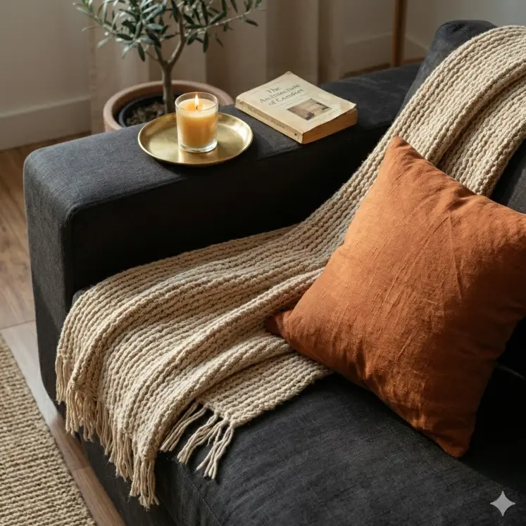 Close-up de manta de tricô terracota e almofada de veludo em sofá de linho cinza, criando ambiente acolhedor.