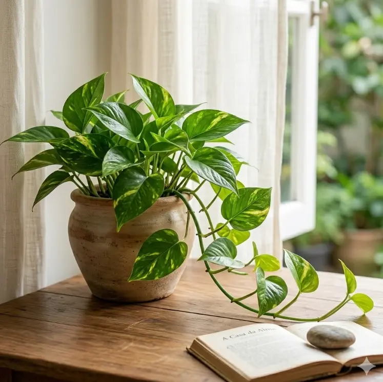 Planta Jiboia em vaso de cerâmica sobre mesa de madeira, ilustrando como deixar a casa mais aconchegante com elementos naturais.