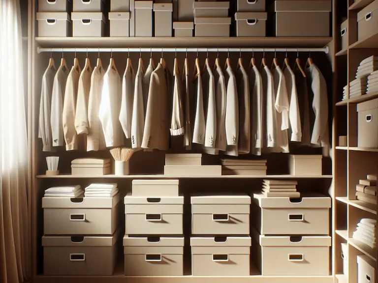 Guarda-roupa pequeno e organizado com caixas organizadoras de vime e roupas dobradas seguindo o método de declutter e Feng Shui.