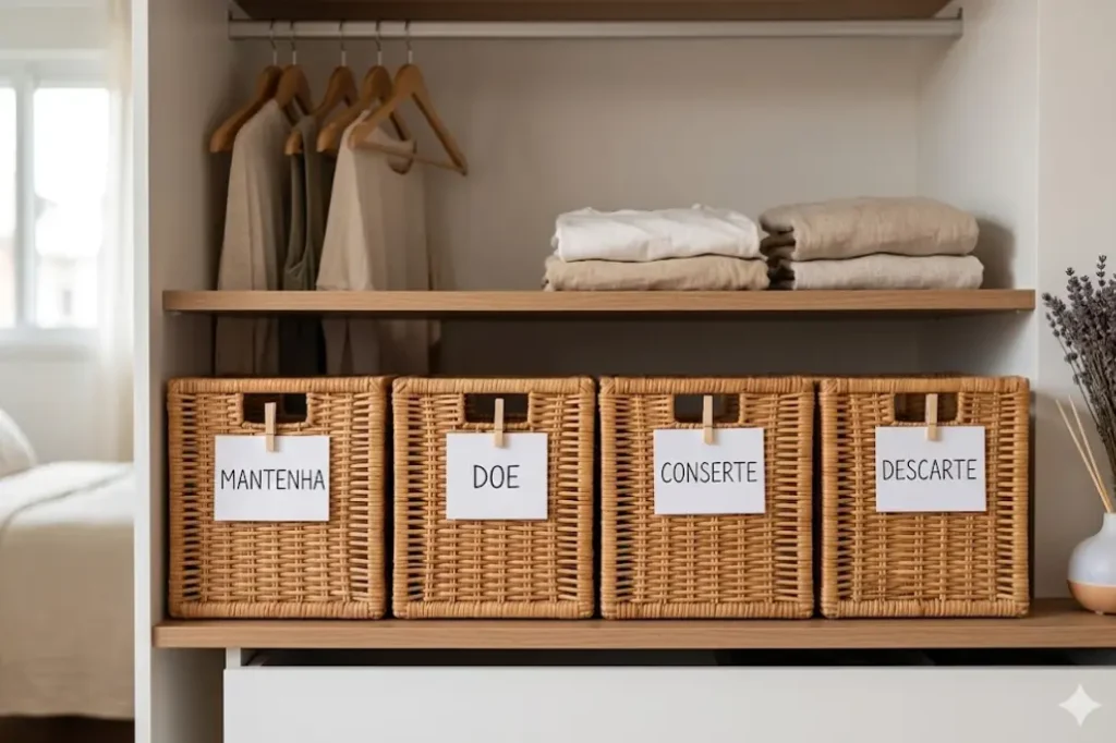 Quatro cestos de vime organizados com etiquetas escritas Mantenha, Doe, Conserte e Descarte, ilustrando como organizar armário pequeno com o método de desapego e Feng Shui.