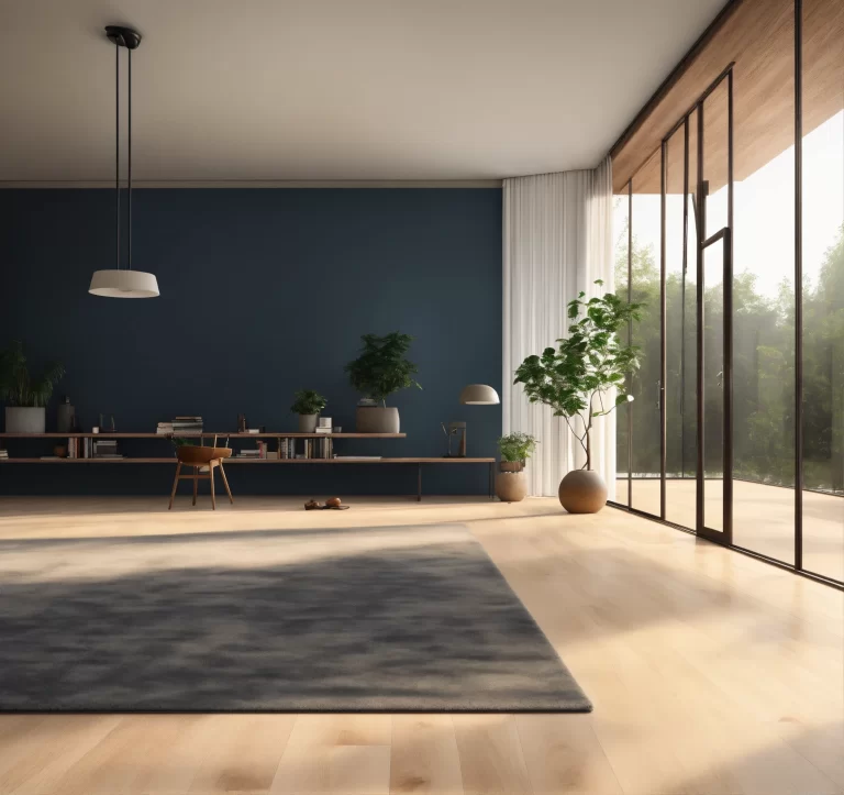 Sala de estar minimalista com parede azul marinho quase preta, tapete cinza e plantas naturais, criando um ambiente de introspecção e calma.