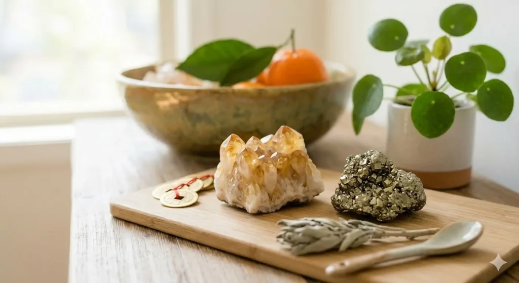 Uma foto em macro focada em dois aglomerados de cristais: um cluster de Citrino polido, de cor amarelo-dourado, e um cluster de Pirita bruta, com brilho metálico. Eles estão apoiados em uma superfície de madeira clara e texturizada. Ao fundo, ligeiramente desfocado, vê-se a borda da tigela de cerâmica.
