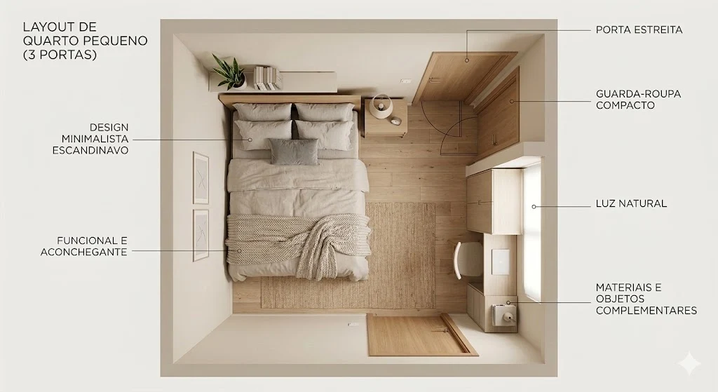 Planta baixa em perspectiva 3D de um quarto pequeno com três portas. O design é minimalista com tons de madeira clara. Etiquetas em português apontam elementos como 'DESIGN MINIMALISTA ESCANDINAVO' e 'FUNCIONAL E ACONCHEGANTE'.