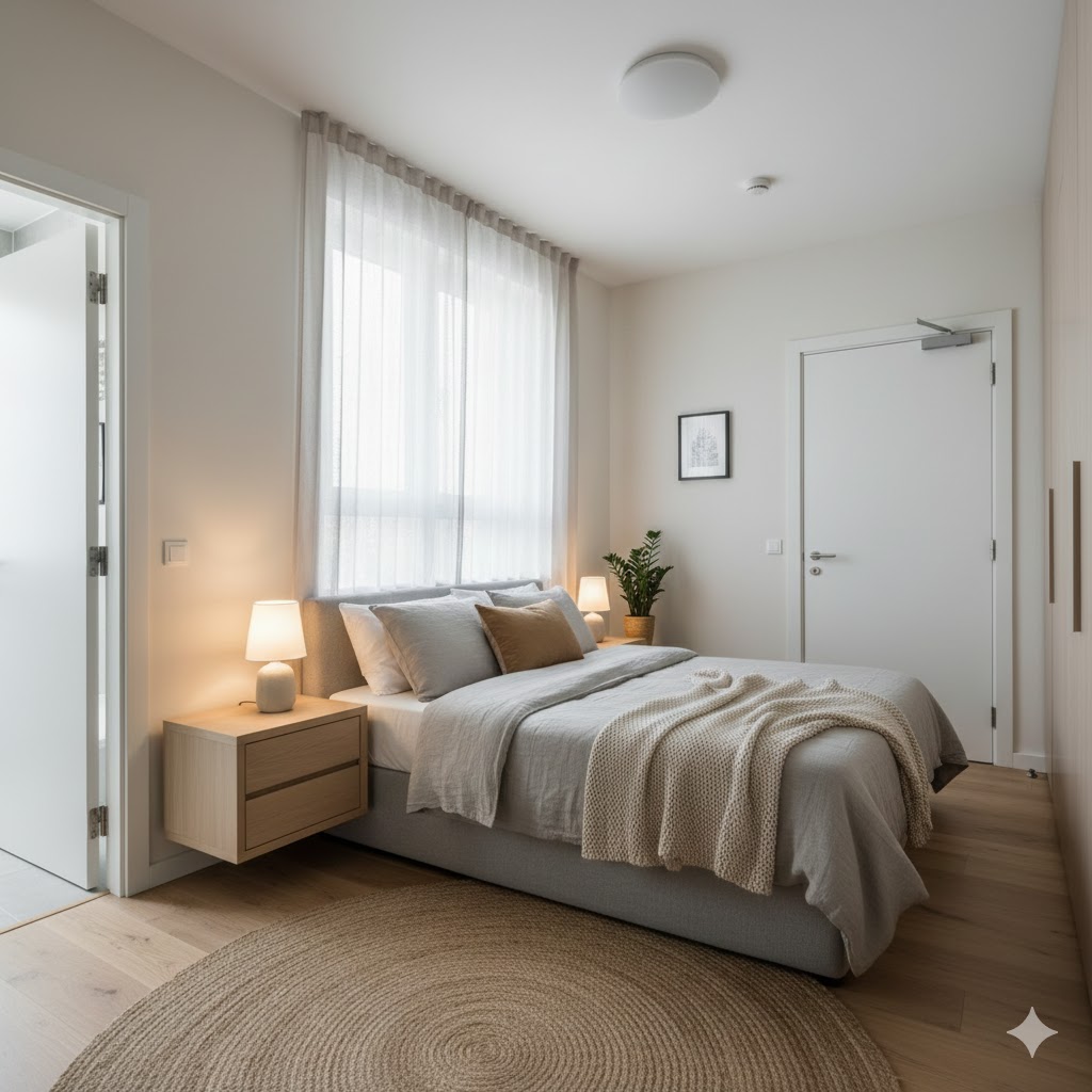 Quarto com muitas portas organizado para favorecer descanso, com cama protegida, iluminação suave e sensação de equilíbrio