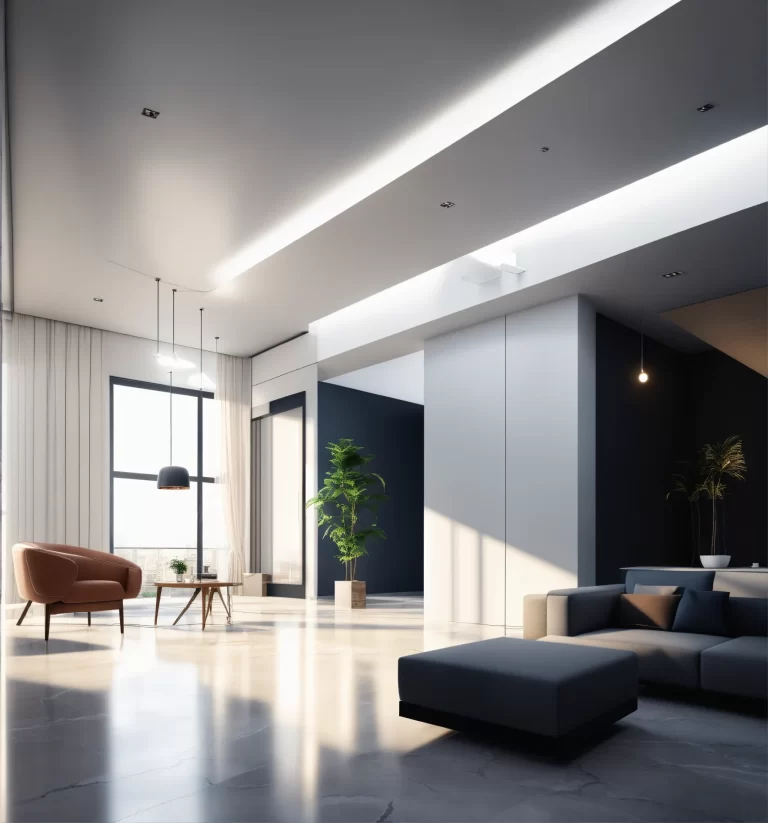 Amplo ambiente integrado com piso de mármore refletindo a luz, paredes pretas e móveis minimalistas, demonstrando o equilíbrio entre Yin e Yang.