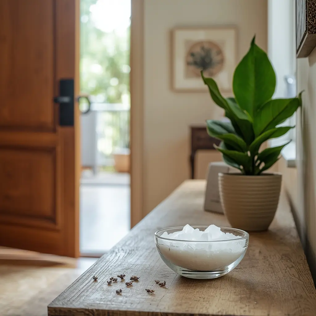 Entrada de casa harmonizada com uma taça de sal grosso e uma planta verde sobre aparador de madeira, ilustrando a correção de erros de Feng Shui.
