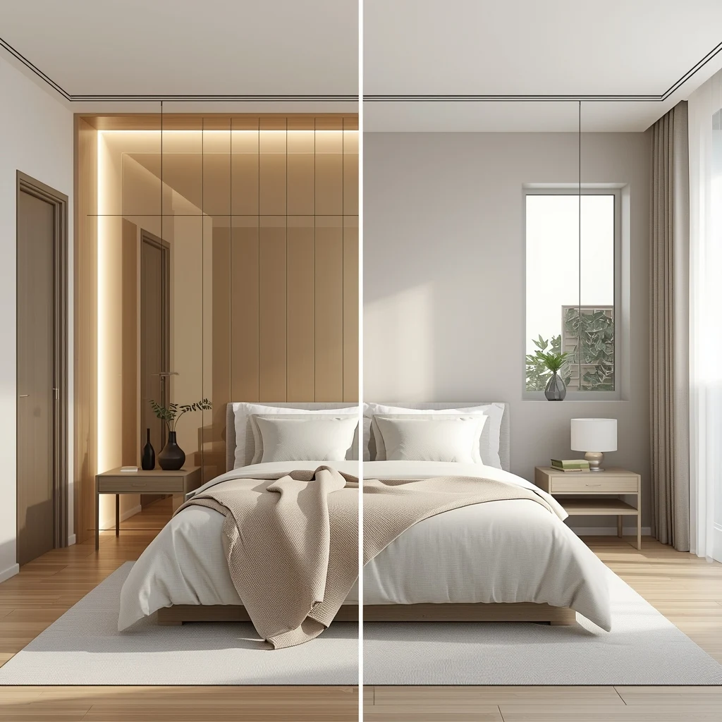 Exemplo de uso correto e incorreto de espelhos no quarto segundo o Feng Shui.