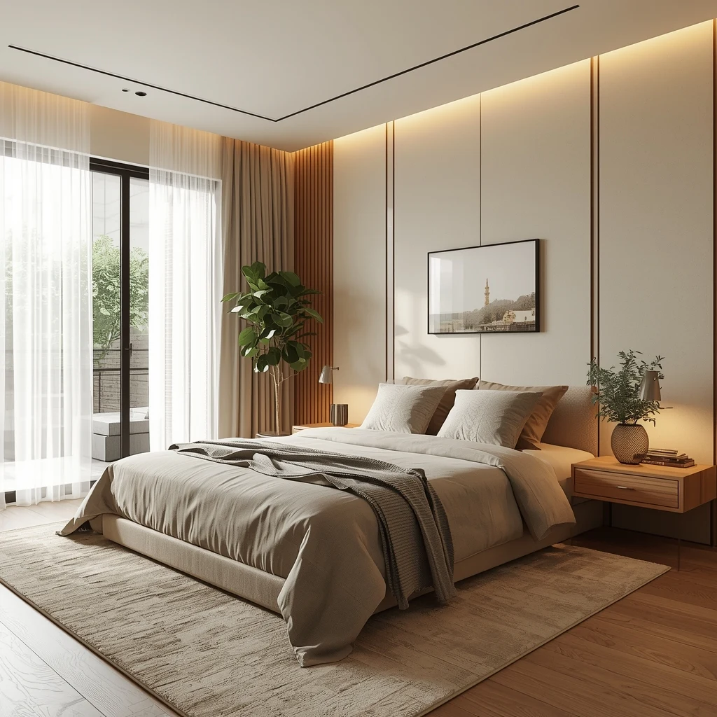 Quarto projetado segundo os princípios do Feng Shui, com a cama em posição de destaque e iluminação suave e relaxante.