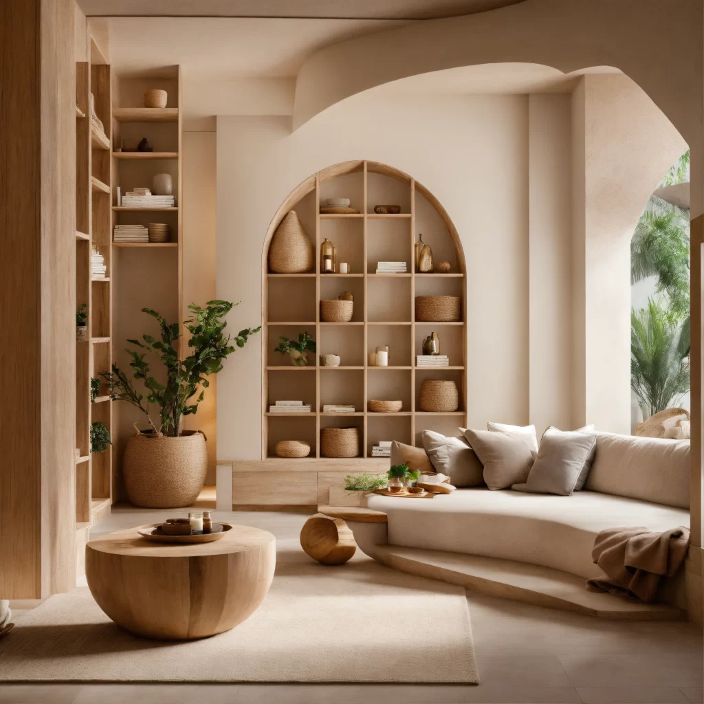 “Cantinho de relaxamento com tons neutros, madeira natural e plantas segundo princípios do Feng Shui”
