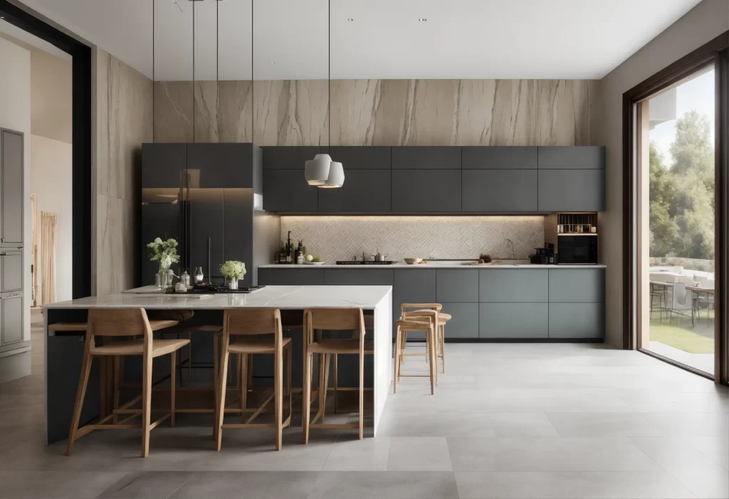 Cozinha integrada com ilha central e circulação fluida — um exemplo de como organização, iluminação e layout influenciam a energia do ambiente segundo o Feng Shui.
