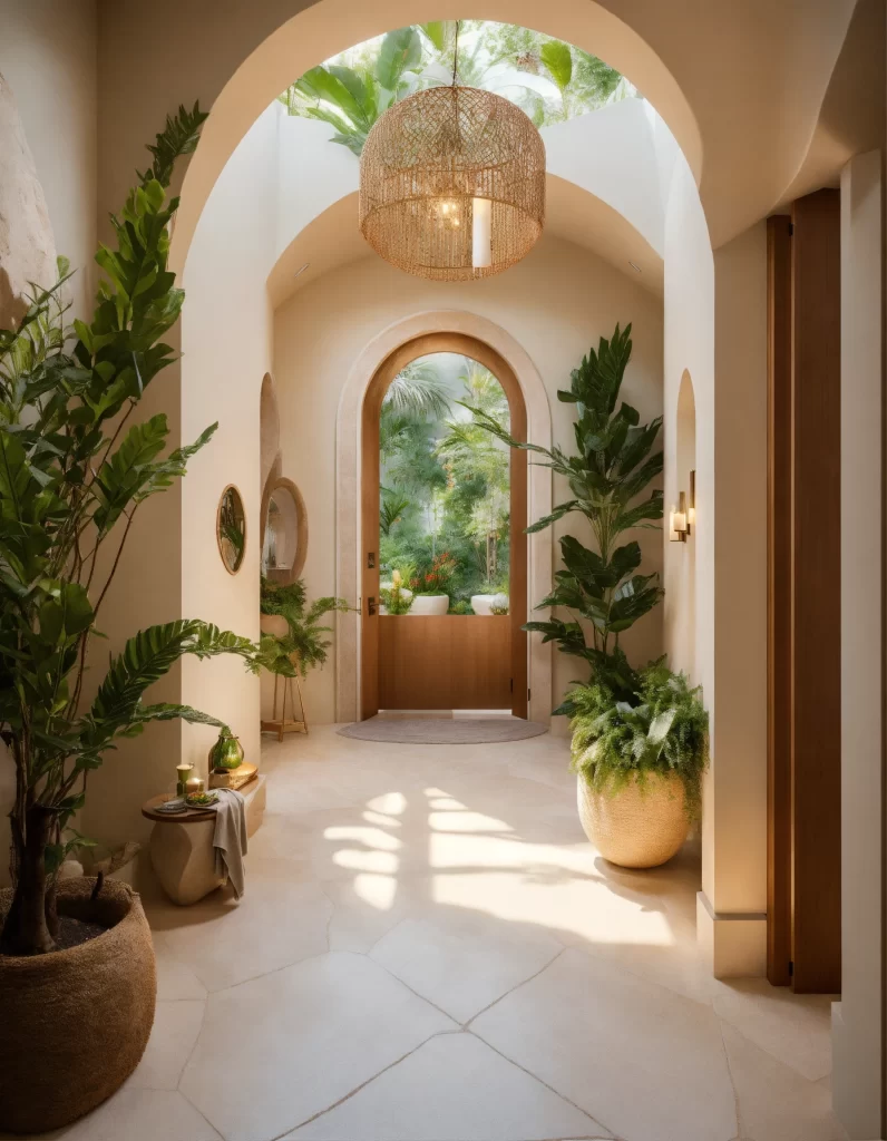 A entrada define a primeira impressão energética da casa — luz, circulação e plantas ajudam a criar acolhimento imediato.