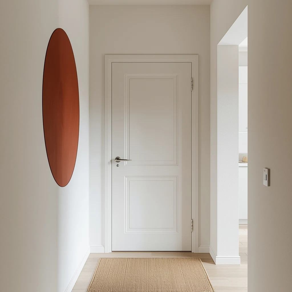 Corredor de entrada de apartamento pequeno com decoração minimalista, porta branca fechada, tapete de fibra natural e um detalhe decorativo circular terracota na parede branca.