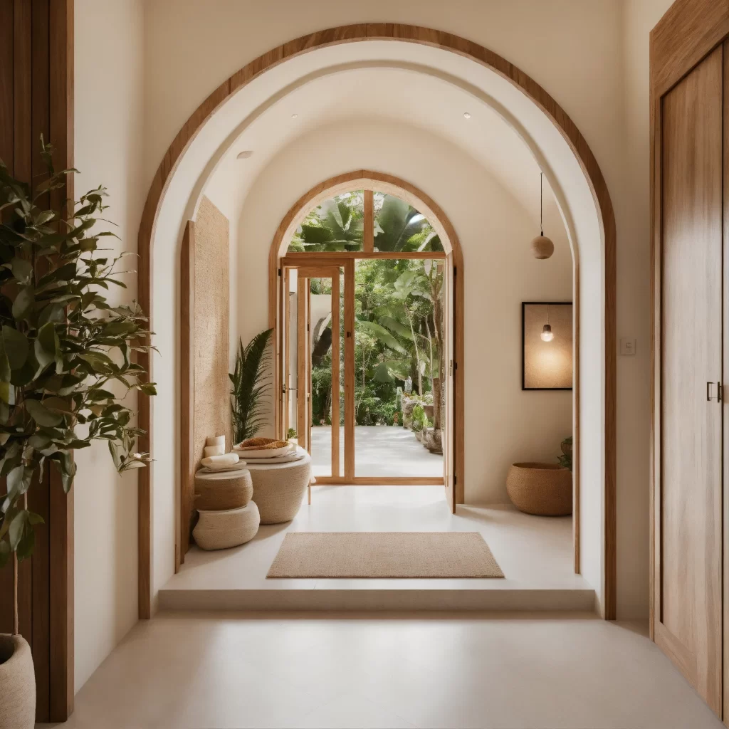 Entrada de casa no Feng Shui com porta aberta, luz natural e plantas simbolizando fluxo de energia e prosperidade.