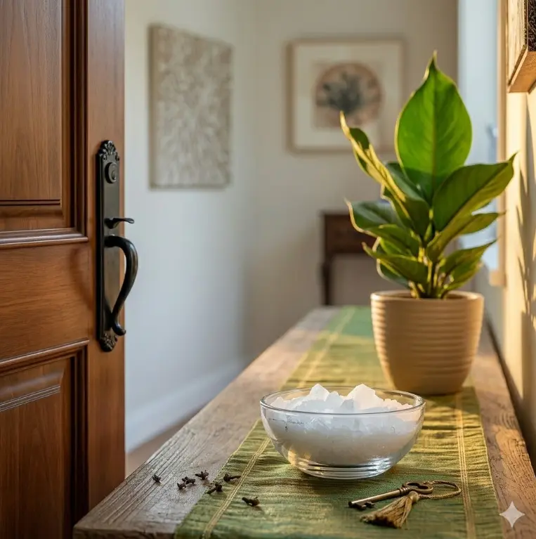 planta da fortuna em mesa com cristal e decoração representando energia de abundância no feng shui