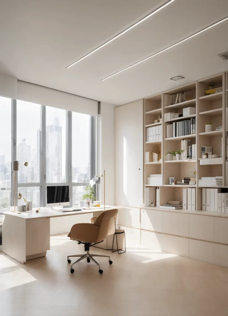 Escritório doméstico com luz natural, organização funcional e elementos naturais — favorecendo foco e clareza mental segundo princípios do Feng Shui.
