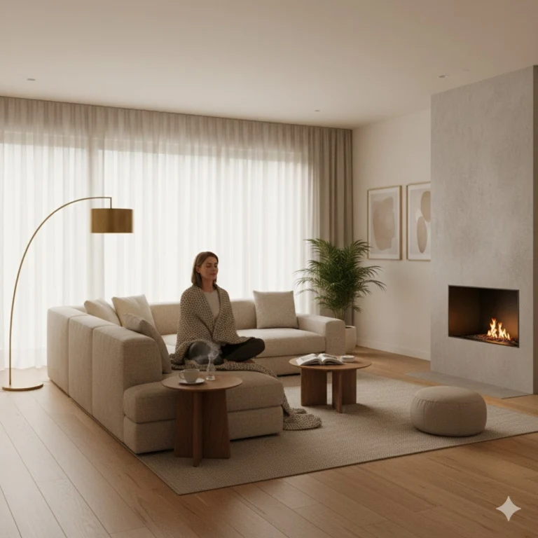 sala de estar equilibrada com luz natural e layout acolhedor — feng shui moderno e bem-estar emocional