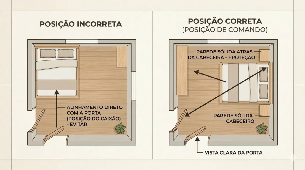 Diagrama Comparativo de Feng Shui no Quarto: Posição de Comando vs. Posição Incorreta da Cama