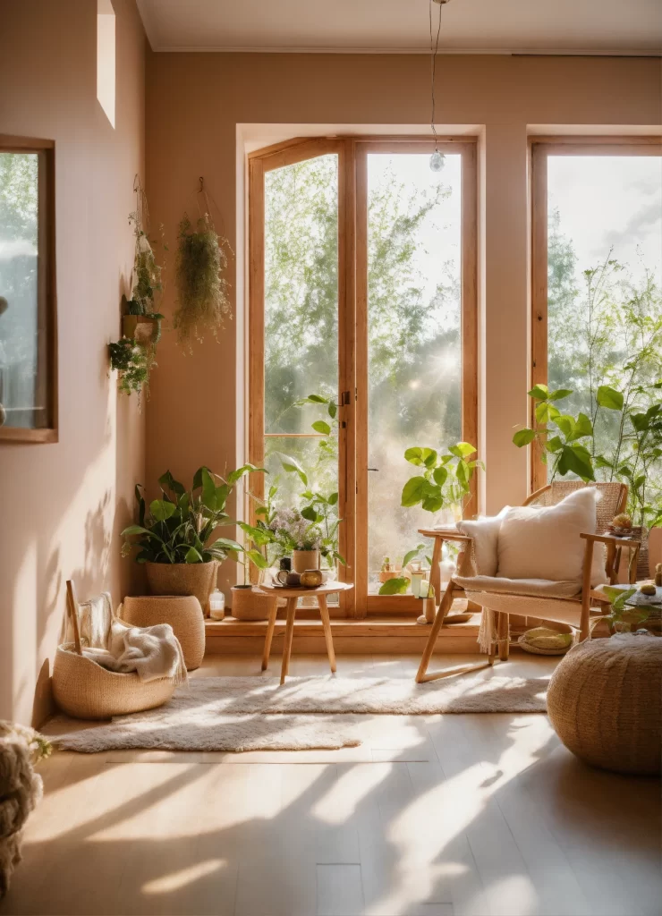 Ambiente iluminado com plantas e tons naturais, representando equilíbrio, presença e conexão com o lar segundo o Feng Shui.