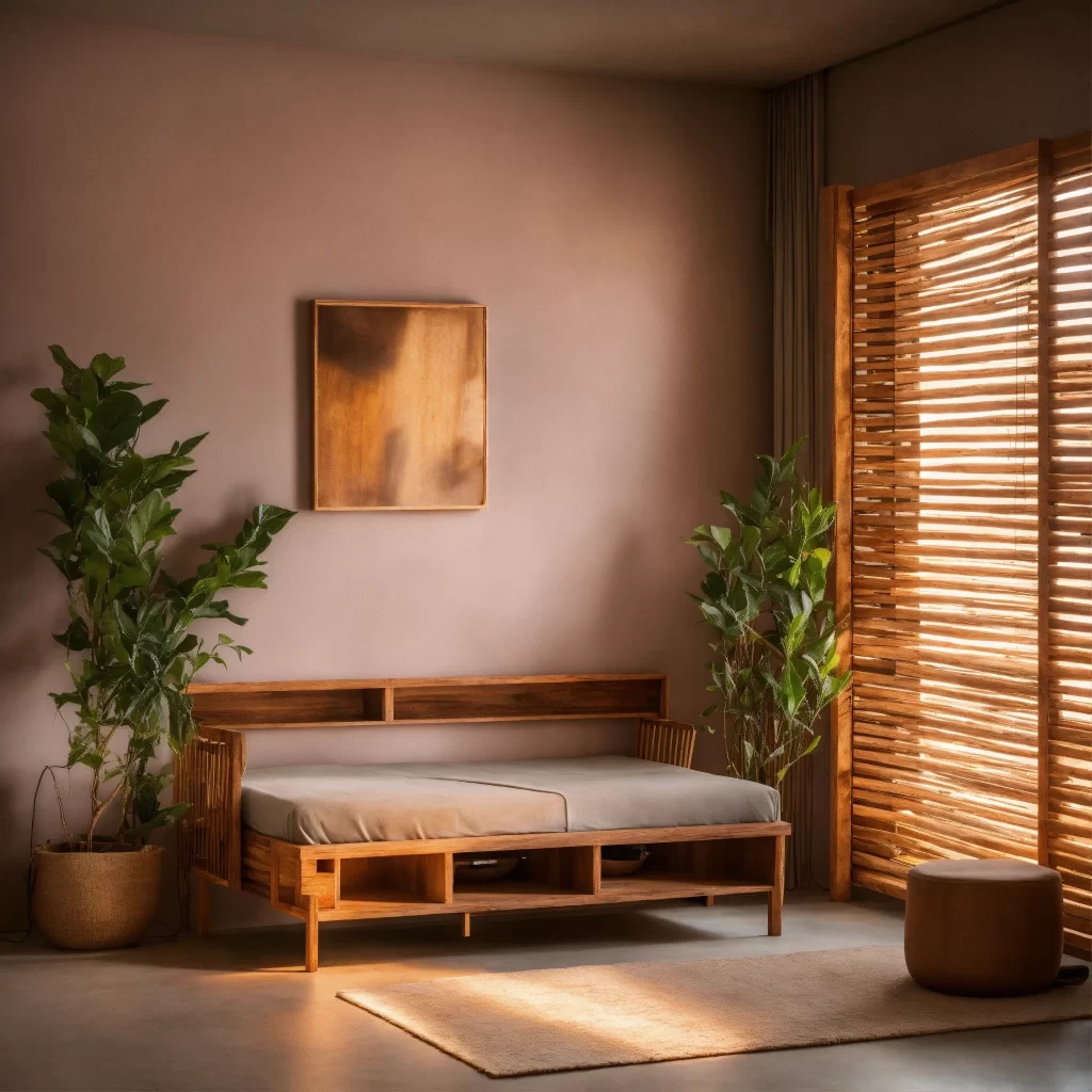 Ambiente com luz natural, madeira e plantas seguindo os princípios do Feng Shui para equilíbrio e bem-estar.