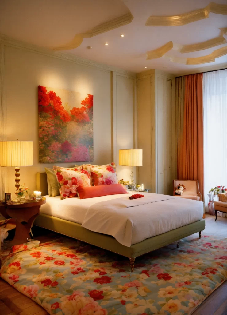 Quarto de casal decorado com tons rosados e iluminação suave seguindo princípios do Feng Shui para fortalecer a relação.