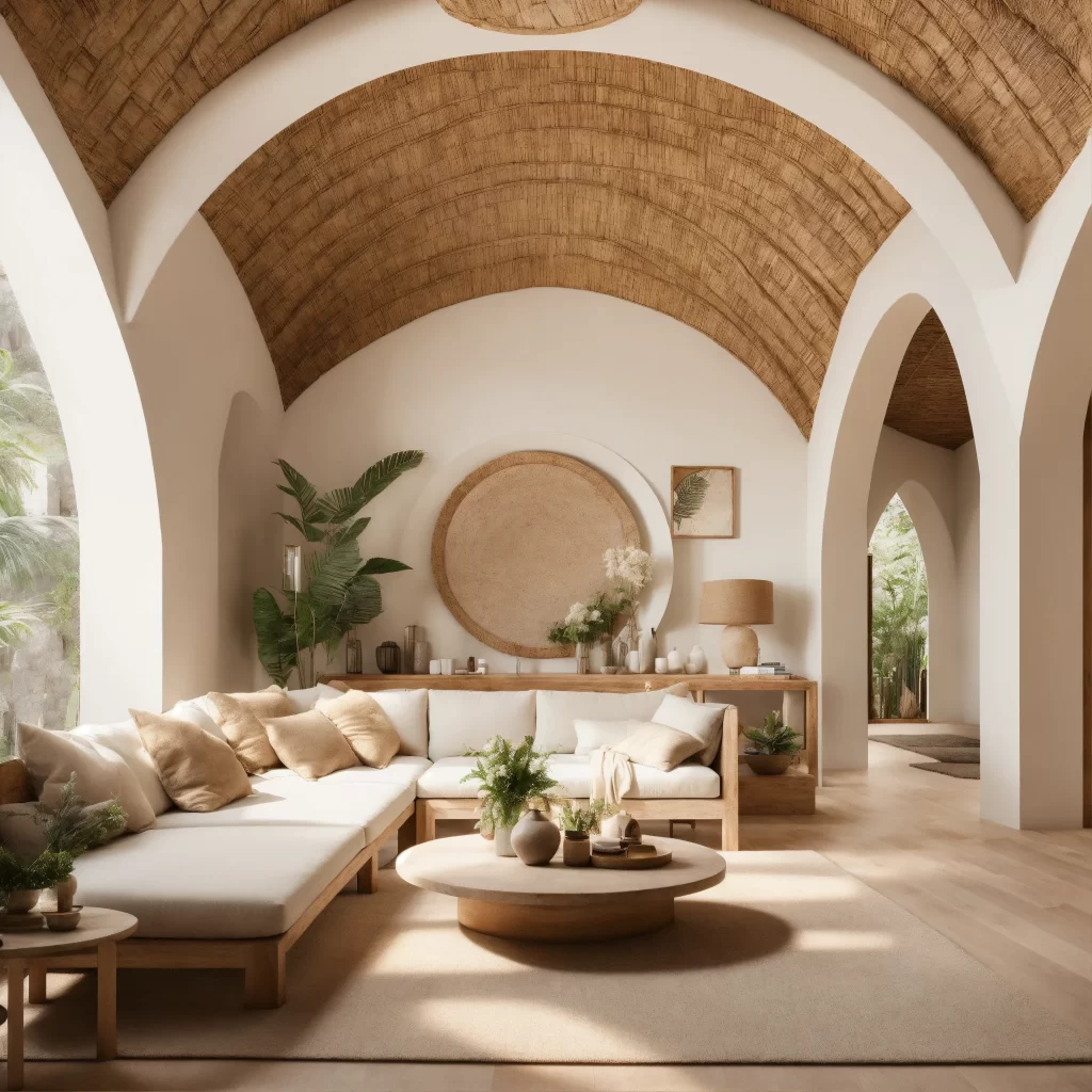 Sala de estar harmonizada segundo os princípios do Feng Shui, com posição de comando, iluminação natural e equilíbrio entre madeira e tons terrosos.