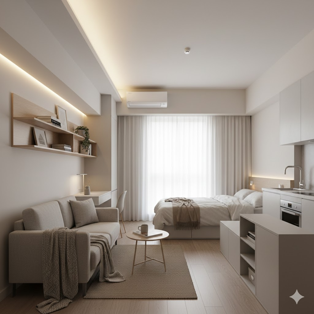 Técnicas de iluminação em um pequeno apartamento estúdio para ampliar visualmente o espaço, utilizando iluminação em camadas e luz natural.