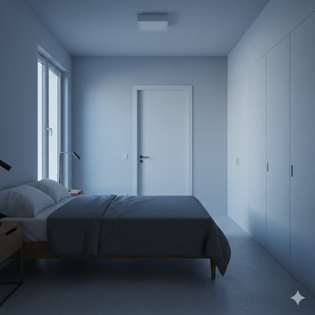 Quarto com cama alinhada à porta, iluminação fria e sensação de exposição, exemplo de layout que dificulta o descanso