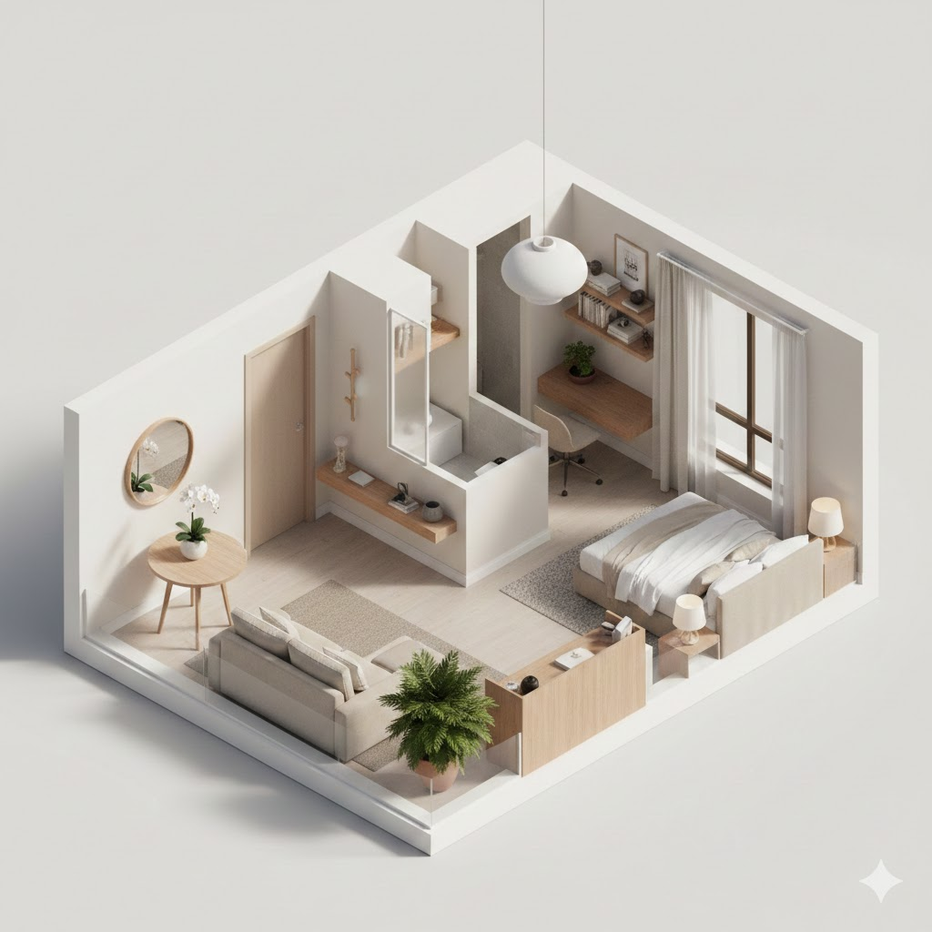 Apartamento pequeno com layout integrado e organização funcional inspirada no Feng Shui e no Mapa Bagua