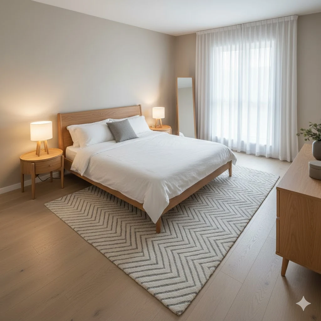 Quarto de casal com cama posicionada na posição de comando, com cabeceira em parede sólida e mesas de cabeceira simétricas, seguindo princípios de Feng Shui.