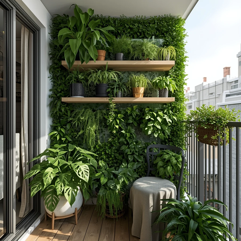 jardim vertical com várias plantas em varanda de apartamento pequeno