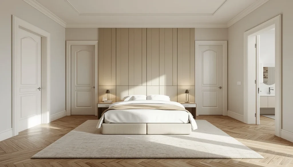 Quarto moderno com várias portas organizado segundo princípios de Feng Shui