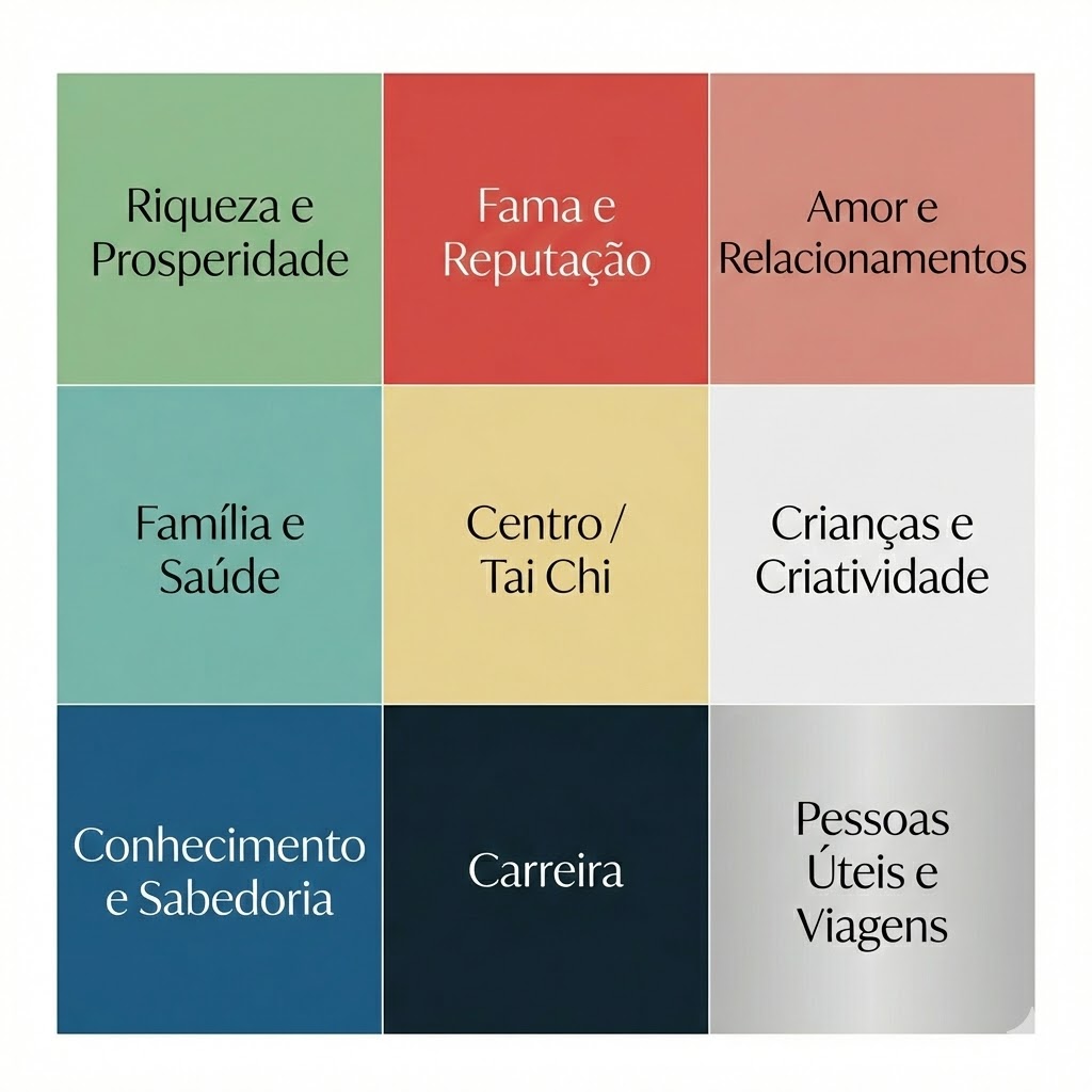 Mapa Bagua do Feng Shui com nove áreas da vida, incluindo riqueza, carreira, relacionamentos, saúde e conhecimento